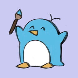 A digital drawing of a penguin holding up a paintbrush.